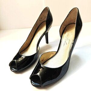 Marc Fisher Joey Size 8.5 Black Patent D'Orsay Peep Toe Heels Pumps